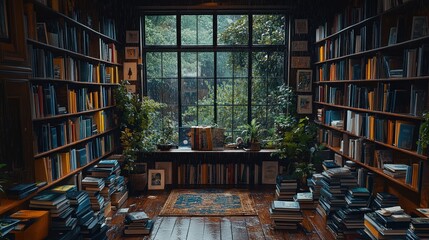 Fototapeta premium Rainy Day Reading Nook, Book-Lined Room