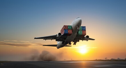 Cargo Plane Taking Off at Sunset - A cargo airplane carrying shipping containers lifts off during a vibrant sunset. Global trade and logistics concept