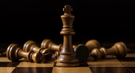 Chess Victory Close Up: King Stands Tall - Strategy, competition, victory, triumph, success. A close-up of a chess king standing victorious over fallen opponents