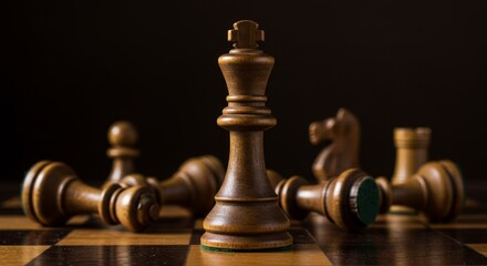 Chess King Triumphant - A lone chess king stands tall amidst fallen opponents, symbolizing victory and strategic prowess
