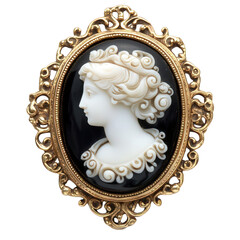 An Edwardian cameo brooch featuring a delicately carved ivory profile against a black onyx background, set in an ornate gold frame ? isolated on a white background.