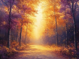 Autumn Forest Scene with Trees and Sunlight in Impressionistic Style