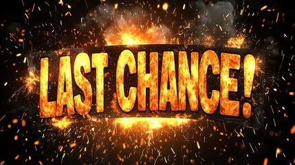 Bold text declaring last chance bursts forth with flames and sparks, creating an intense visual that emphasizes urgency for quick decisions or actions in a thrilling atmosphere