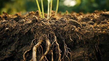 Exploring the intricate root systems of plants in rich soil during a sunny afternoon