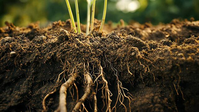 Exploring the intricate root systems of plants in rich soil during a sunny afternoon