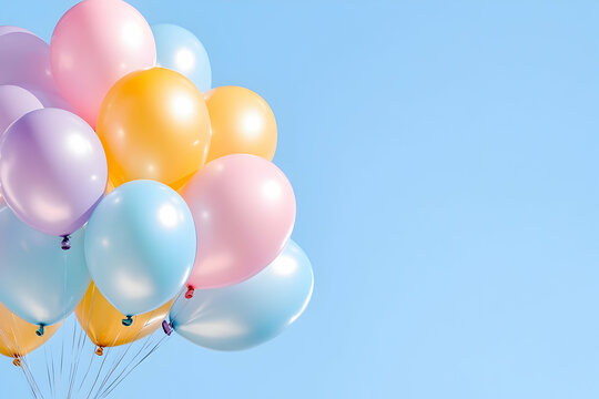 Pastel balloons cluster against a pale blue sky