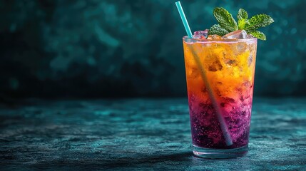 Obraz premium Vibrant Layered Rainbow Cocktail Drink in Glass with Ice Cubes and Mint Garnish on Dark Background