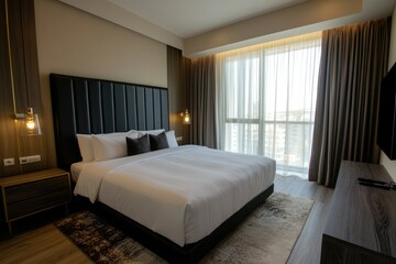 Obraz premium Luxurious hotel bedroom with a large comfortable bed and window