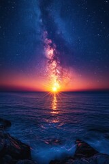 Milky Way Stars and Vibrant Sunset over Tranquil Seascape