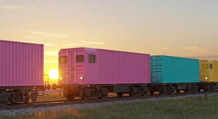 Obraz premium Colorful Cargo Train at Sunset - A vibrant train carrying colorful cargo containers moves across the landscape at sunset