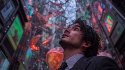 Obraz premium Contemplative Man in Suit Urban Skyline Cityscape at Night