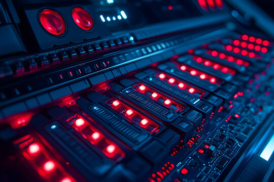 Close-up of a high-tech server array with red lights glowing on a dark intricate electronic surface.
