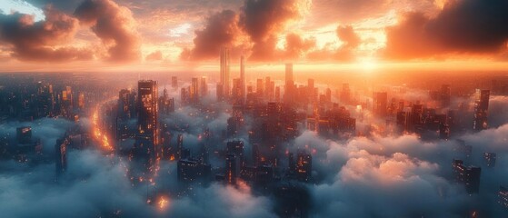 Obraz premium Dystopian Cityscape in Flames Surrounded by Fog and Smoke