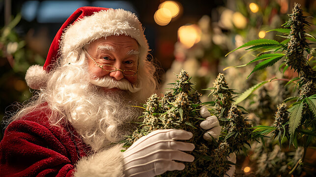Smiling Santa Claus holds cannabis plants with Christmas lights in the background creating a humorous holiday scene.