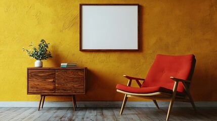 A square blank frame on a mustard yellow wall with mid-century modern furniture