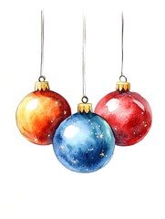 Three beautifully designed christmas ornaments in vivid colors perfectly arranged on a clean white background for holiday decor