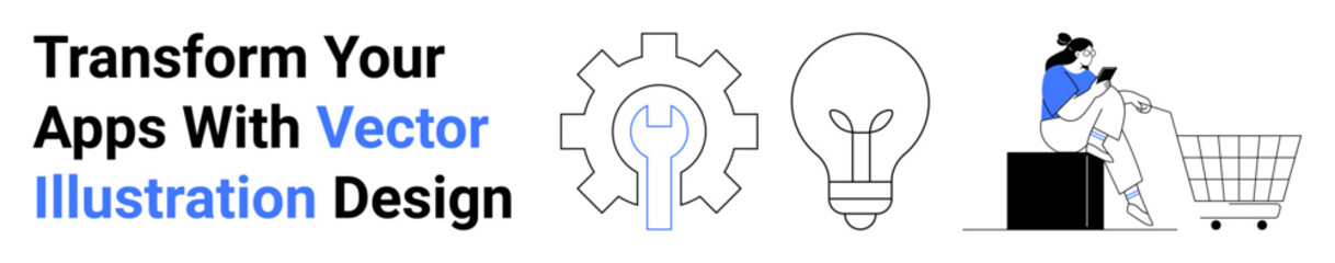 Gear with wrench, glowing lightbulb, woman using a phone near a shopping cart. Ideal for technology, app development, creativity, online shopping, e-commerce, innovation flat landing page banner