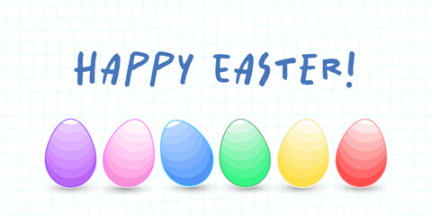 Colorful eggs on a checkered background with the words happy easter