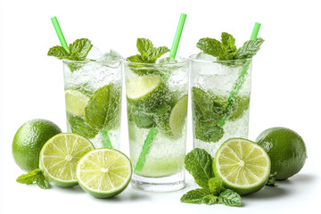 Three glasses of mojito with lime and mint on a rustic wooden table, with a blurred background of a sunny garden setting.