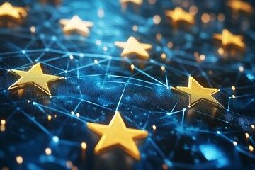 Close up of digital technology network connection with eu stars on blue background, ample copy space