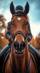 Obraz premium A rider is seated on a brown horse, with a focus on the horse's expressive face. The background features colorful autumn trees under a cloudy sky, creating a serene atmosphere