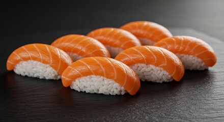 Delicious Salmon Sushi Nigiri on Slate - Eight pieces of fresh salmon nigiri sushi artfully arranged on a black slate plate. A symbol of Japanese cuisine, culinary excellence, fresh seafood