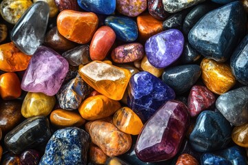 Vibrant and colorful collection of pebbles and gemstones in an artistic arrangement showcasing natural beauty and texture