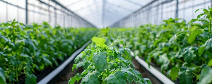 automated efficiency workflow monitoring concept. Lush green plants growing in a bright greenhouse environment.