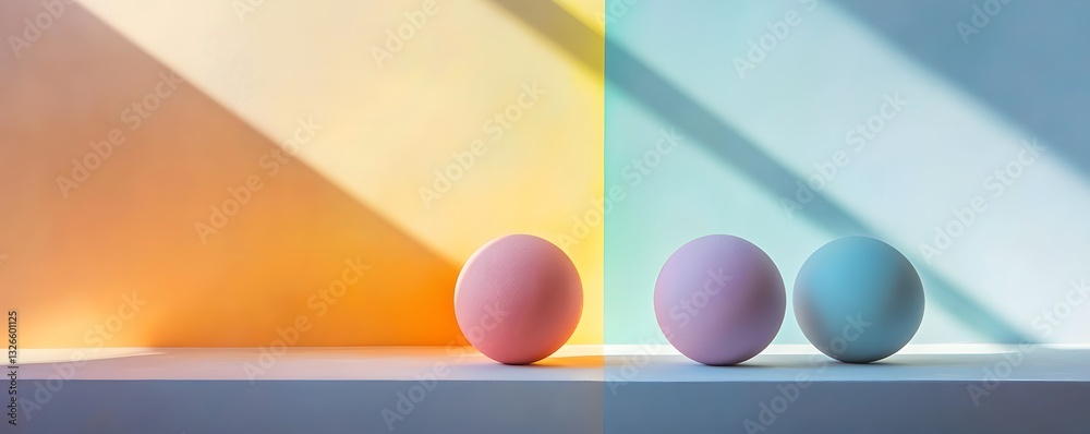 Poster Three colorful easter eggs illuminated by sunlight creating shadows on a minimalist background