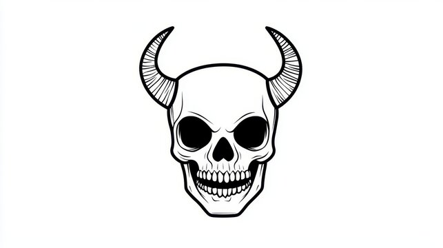 A detailed skull with prominent horns displays dark eye sockets and a wide grin, emphasizing a bold design. The stark contrast against the white background makes the features stand out