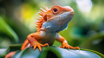 Fototapeta premium Colorful lizard perched on a leaf in a vibrant green environment during daylight hours, showcasing its distinct features and textures