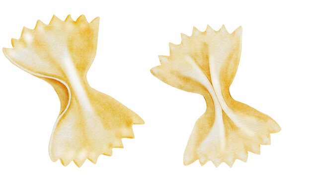 Pasta farfalle watercolor set. Hand drawn italian macaroni on white background. Food clip art. Ideal for pasta packaging, restaurant menus and posters