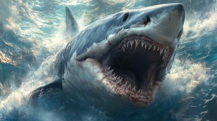 Obraz premium A massive shark bursts through the water, displaying its sharp teeth, while waves crash around it against a backdrop of a sunny coastal landscape