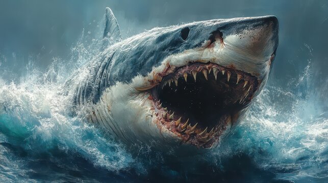 A large great white shark bursts through powerful ocean waves, revealing its massive jaws filled with sharp teeth. The scene captures the raw beauty and excitement of marine life in action