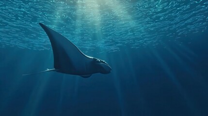 Majestic Manta Ray Gliding Through Serene Ocean Waters Below