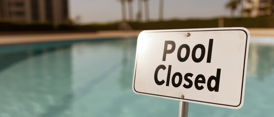 Sign indicating the swimming pool is closed for the season, likely due to maintenance or health concerns
