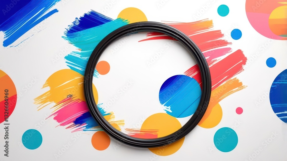 Poster a black circle is placed in the middle of a colorful background
