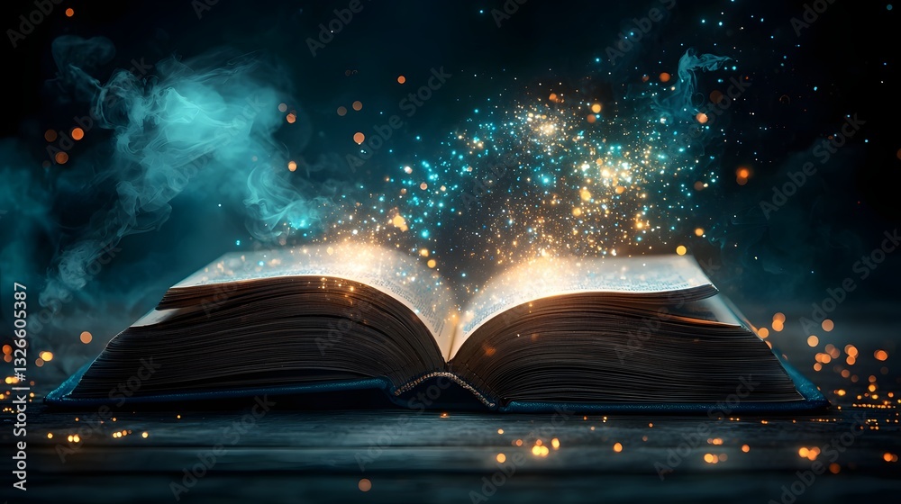 Poster revealing a neon cyber world of glowing code and ai driven magical constructs an open book unveils a