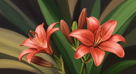 Obraz premium Elegant Orange Lilies in Bloom - Close-up of two vibrant orange lilies with green foliage, digitally painted in a realistic