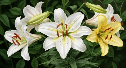 Fototapeta premium Elegant Lilies in Bloom - Close-up view of three lilies, two white and one yellow, in full bloom, set against a dark green background
