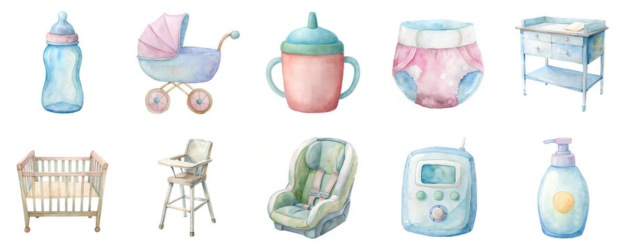 Baby items including bottles, diapers and furniture watercolor illustration set. Features like strollers, car seats and cribs in soft pastel shades isolated on transparent background.