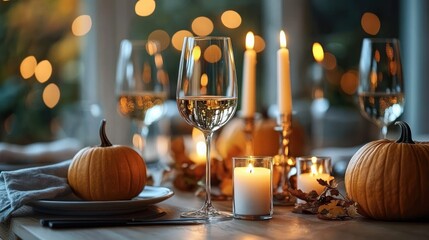 Cozy Autumn Dinner Table Setting with Pumpkins Candles and Wine Glasses for Thanksgiving Celebration