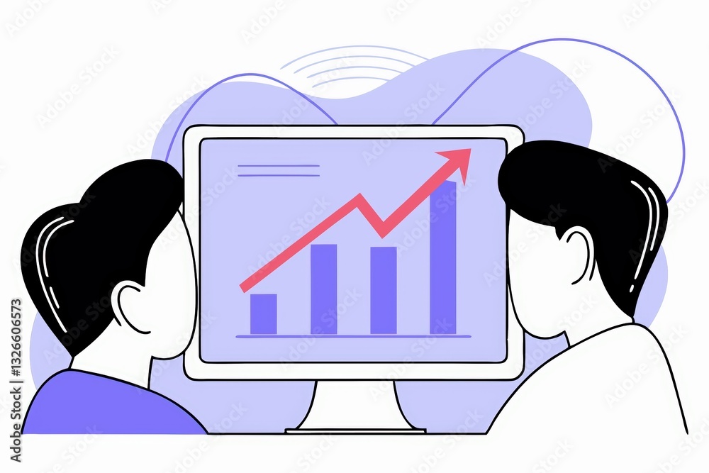 Poster two figures observe a computer screen displaying a rising graph, symbolizing growth and progress in 