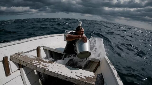 Sailor in distress struggles to bail out water from his old, leaky boat, but waves keep flooding the vessel. Sailors exhausted face reflects deep despair, anxiety. Struggle for survival in leaky boat