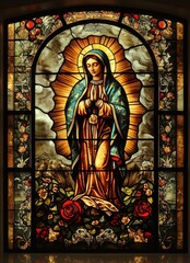 Obraz premium This vibrant stained glass artwork showcases a graceful figure dressed in flowing robes, surrounded by detailed roses and floral motifs. The colors radiate warmth and tranquility