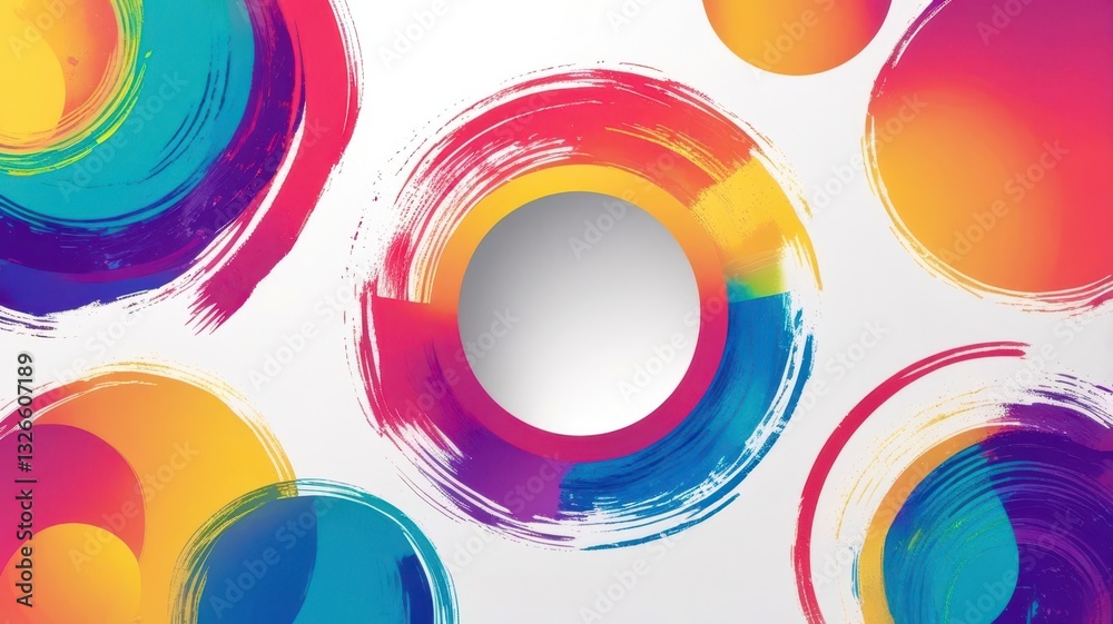 Poster a colorful abstract painting with circles and a white circle in the middle