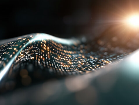 Futuristic digital scene with flowing binary code and glowing light. This abstract representation of technology evokes sense of innovation and connectivity