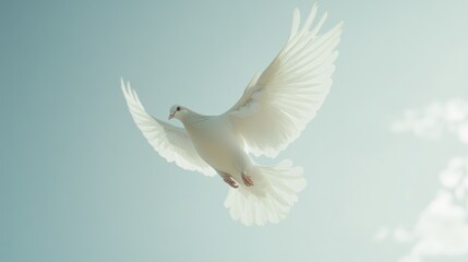 White dove soaring gracefully in a serene and ethereal sky landscape