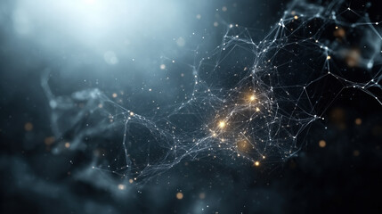Futuristic digital scene with abstract network patterns and glowing elements. This captivating image evokes sense of connectivity and innovation in dark, atmospheric setting