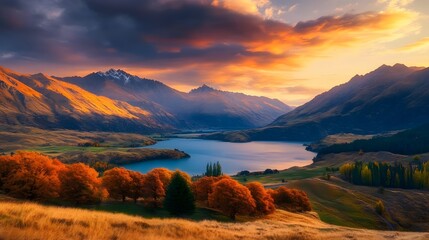 Fototapeta premium Lake Scenery at Sunrise Surrounded by Mountains and Autumn Trees